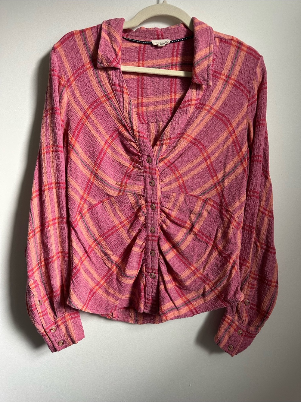 Anthropologie Pilcro Ruched Deep V-Neck Pink Buttondown Plaid Blouse Women’s M - Picture 10 of 10